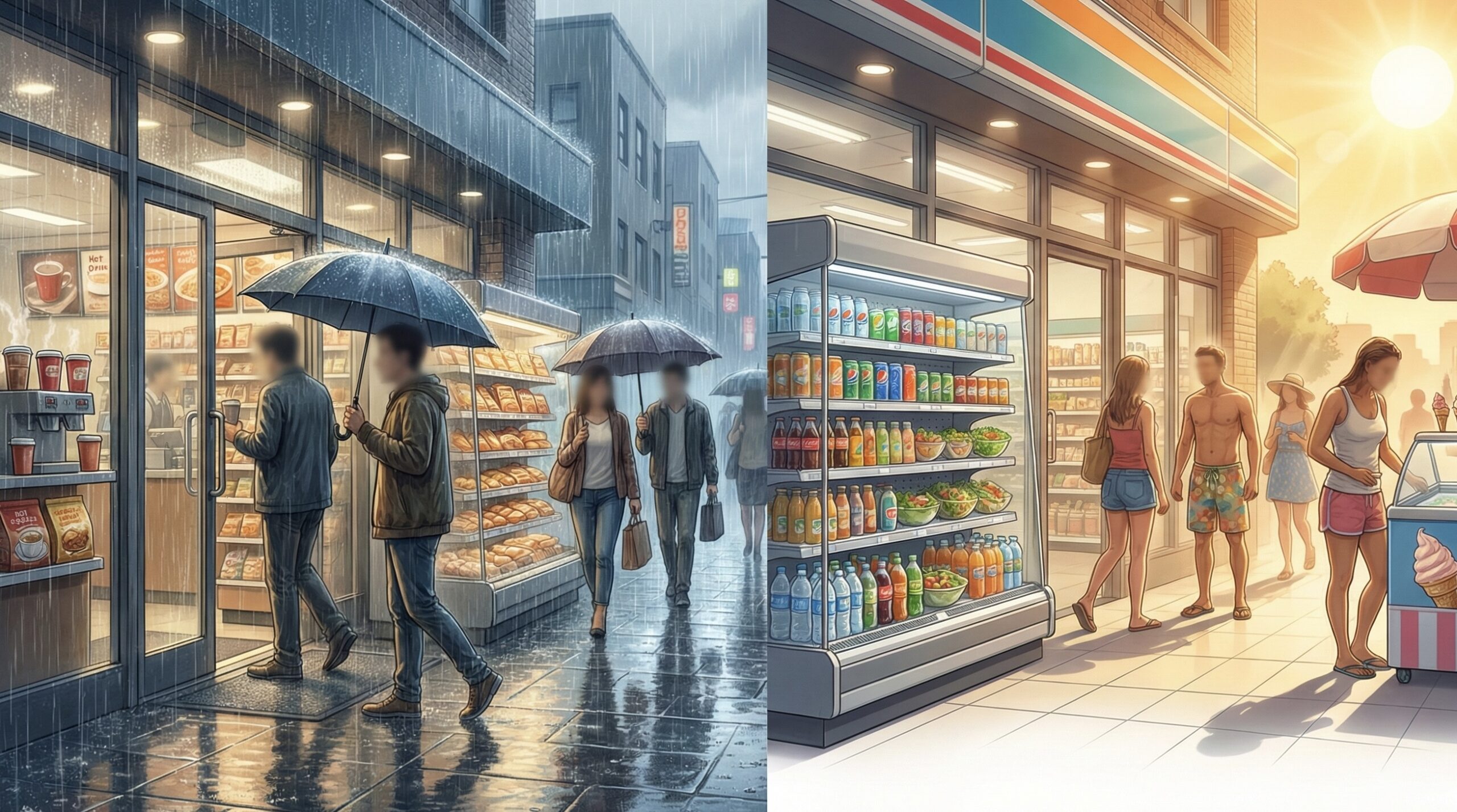 雨の日と猛暑日に変わる来店・カテゴリ需要のイメージ