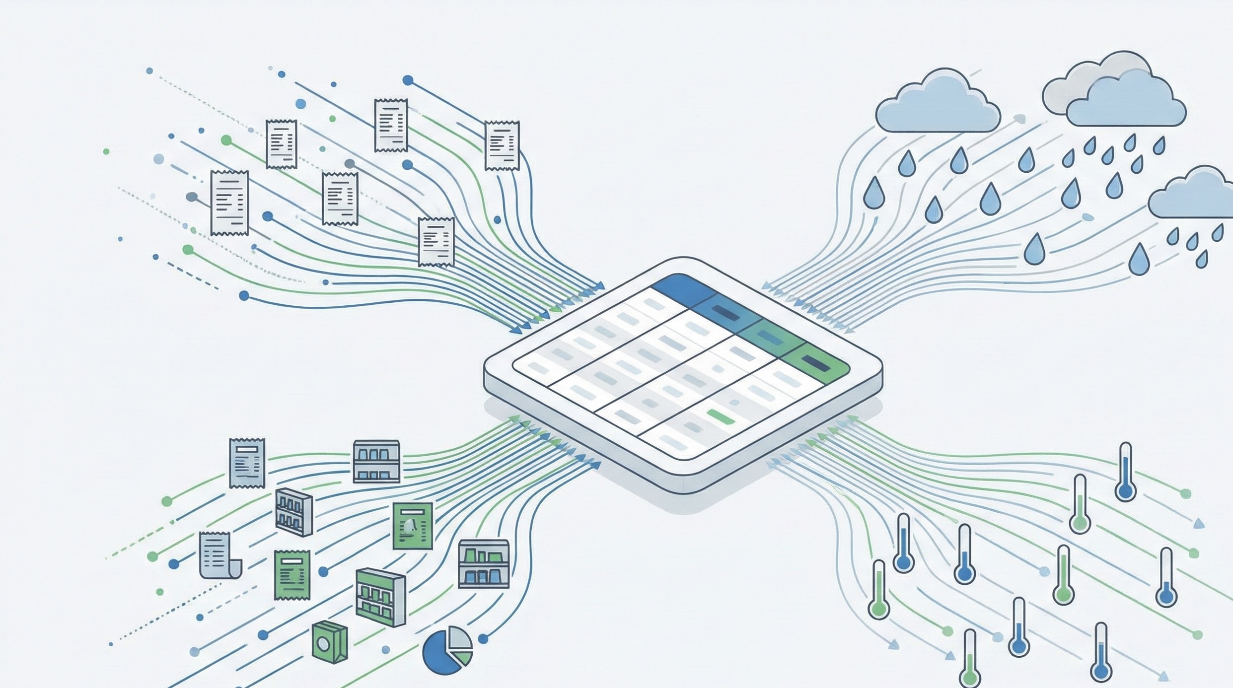 POSデータと天気データが統合される抽象イメージ